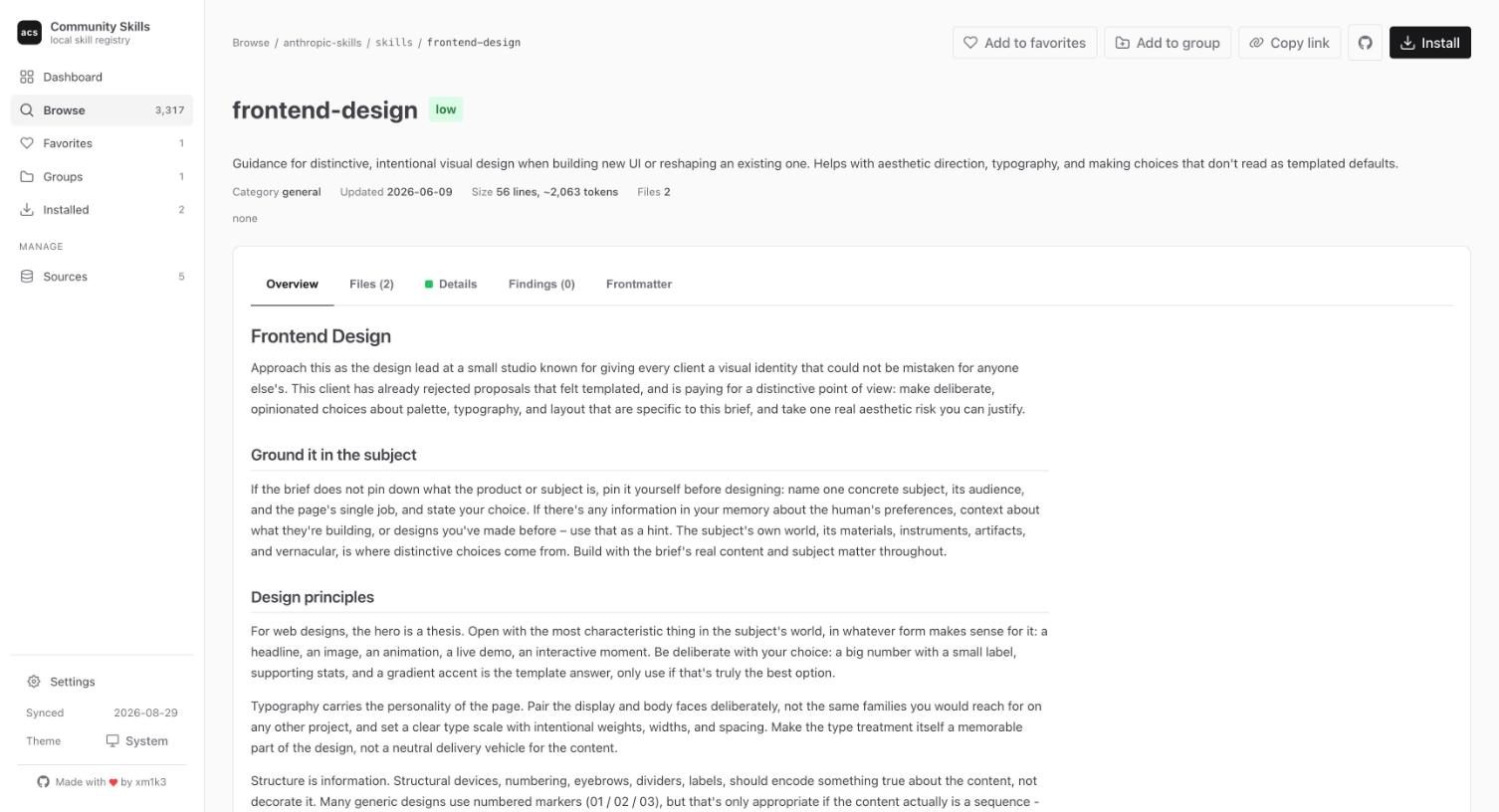 A skill page with rendered SKILL.md